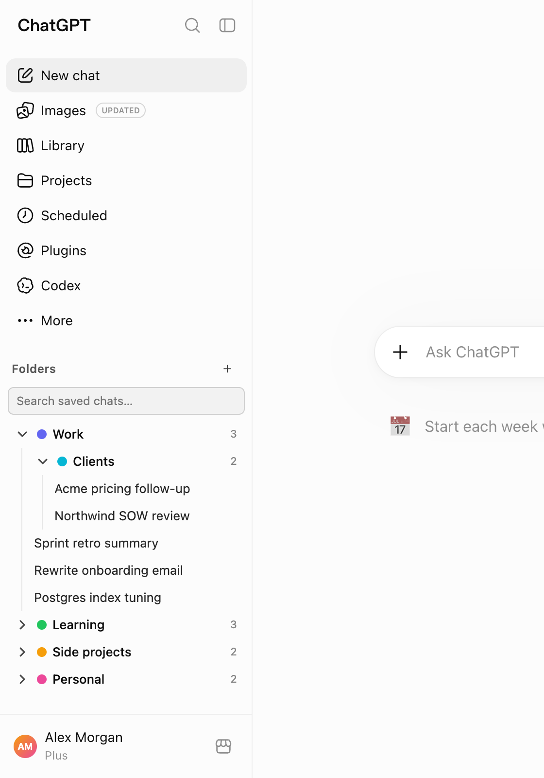 Nested folders with colour dots and chat counts in the ChatGPT sidebar