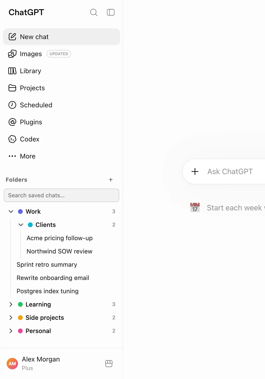 Tidyfold folders panel in the ChatGPT sidebar showing a Work folder with a Clients subfolder, plus Learning, Side projects and Personal folders with chat counts