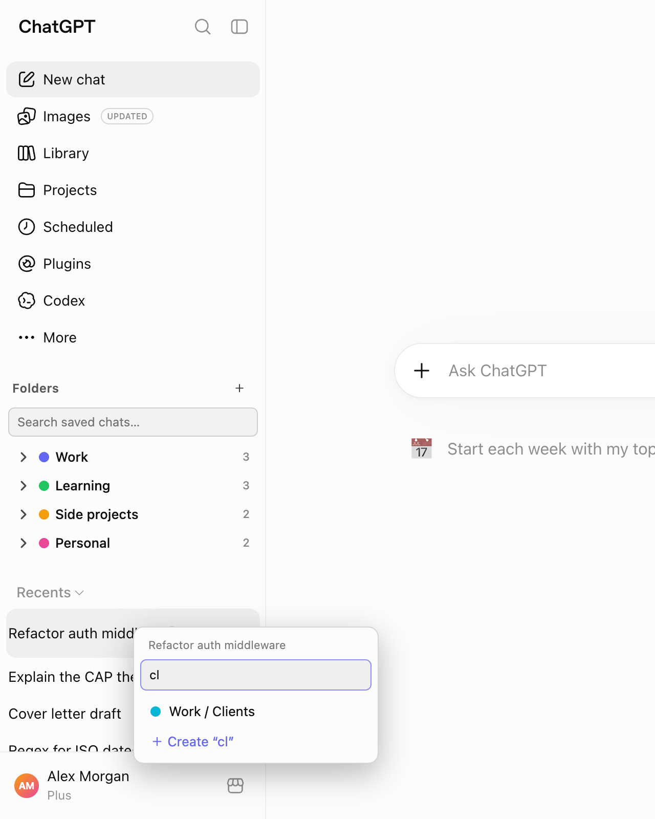 Right-click menu on a chat with a search box and the option to create a folder