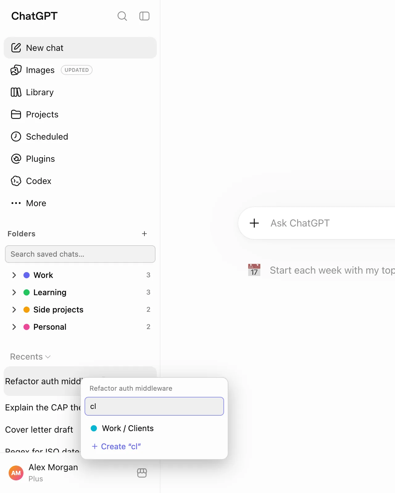 Right-click menu on a ChatGPT chat with a search box, a matching Work / Clients folder, and an option to create a new folder