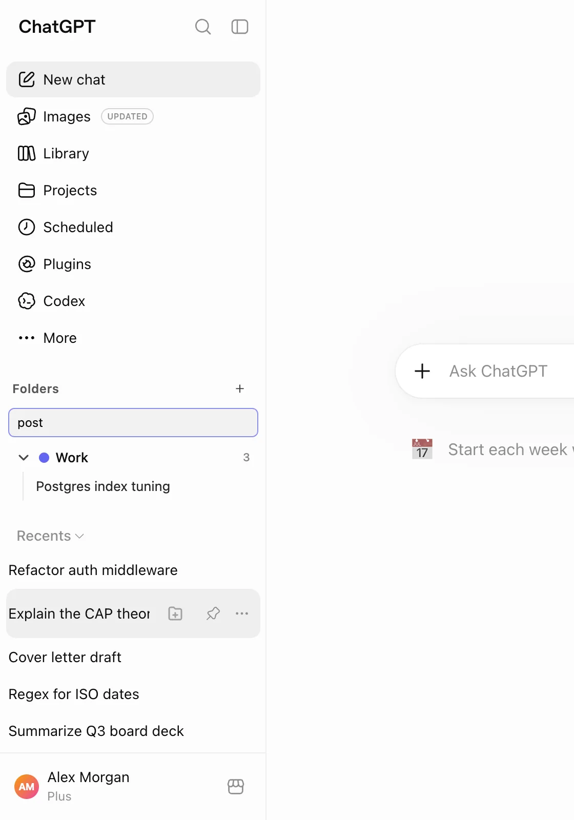 Tidyfold search box filtering saved chats down to one result, Postgres index tuning, inside the Work folder